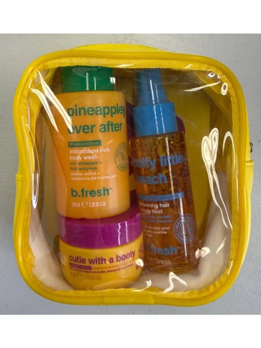 NIB b.fresh tropalicious travel trio mini body care kit in yellow zip case new